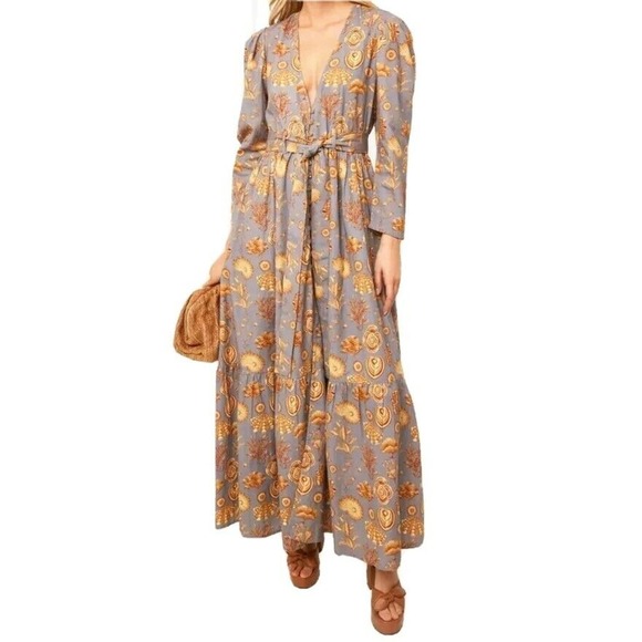 Anthropologie Carolina K Corals Gray Ori Robe Long Sleeve Maxi Dress Size XS NWT - Picture 1 of 10